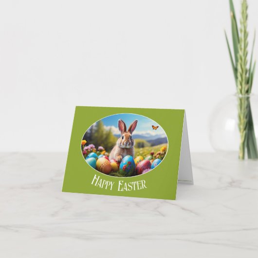 Kleiner Osterhase in Landschaft, oval - Grußkarte, サンキューカード (正面)