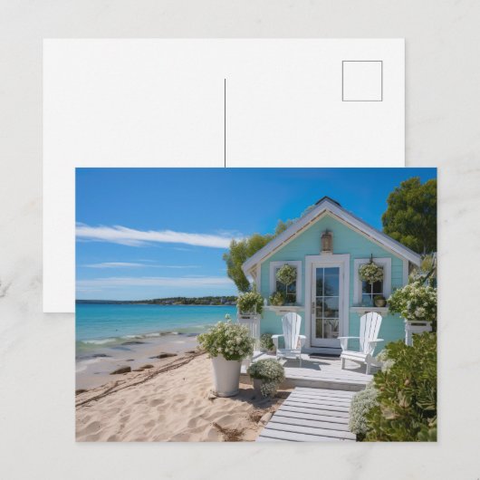 kleines mintfarbenes  Strandhaus am Meer ポストカード (正面/裏面)