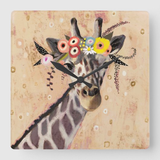 Klimt Giraffe | Crown Of Flowers スクエア壁時計 (正面)