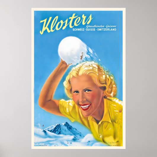 Klosters Grisons Switzerland Vintage Ski Poster ポスター (正面)