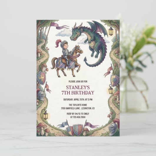 Knight and Dragon Medieval Fairytale Birthday 招待状 (スタンド正面)
