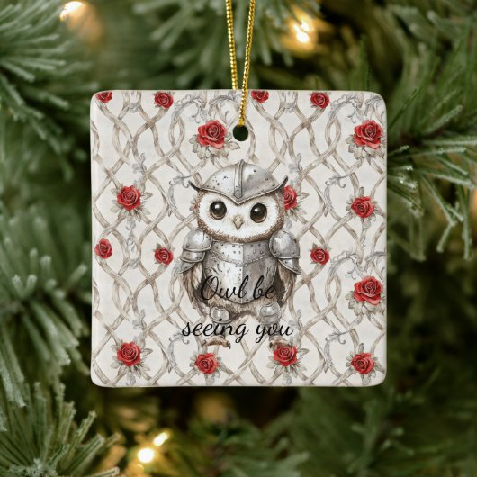 Knight Owl in Shining Armor Red Roses Seeing You セラミックオーナメント (ツリー)