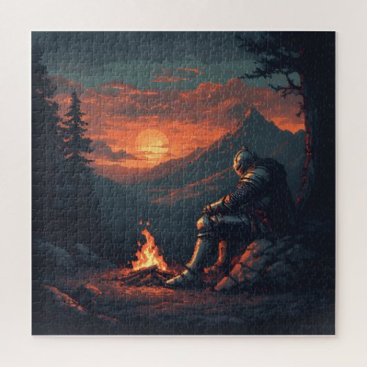 Knight’s Rest by the Fire – Fantasy Sunset Puzzle ジグソーパズル (縦)