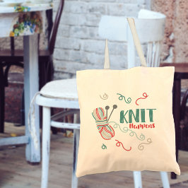 「Knit Happens」面白いダジャレ - マルチカラー毛糸の玉 トートバッグ