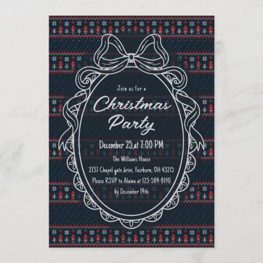 Knitted Christmas Pattern Bow Frame Holiday Party 招待状 (正面)