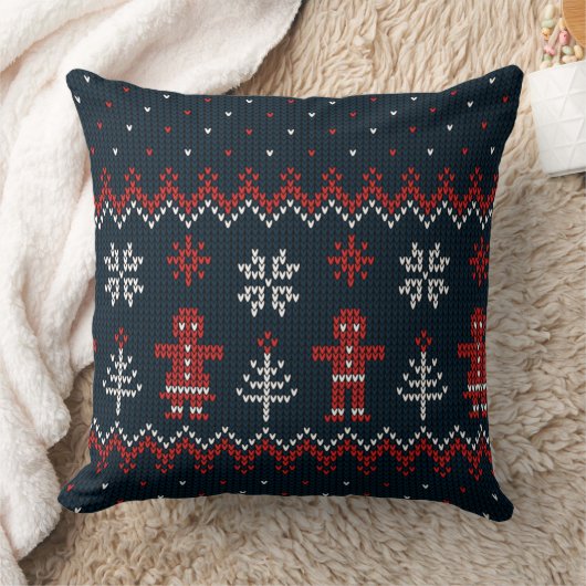 Knitted Christmas Pillow with Trees & Snowflakes クッション (ブランケット)