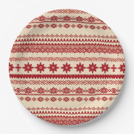 Knitted-Pattern look Nordic folk art style ペーパープレート (正面)