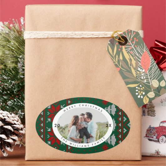 Knitted Sweater Pattern Photo 楕円形シール (クリスマス)