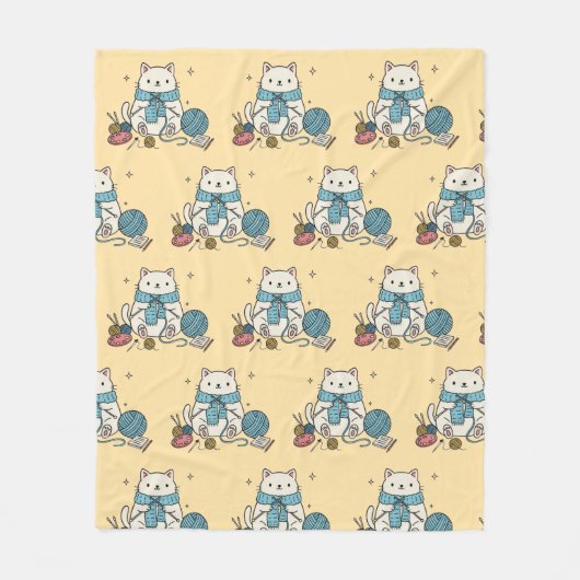 Knitting Crochet Cat Paws Pastel Pattern Cozy フリースブランケット (正面)