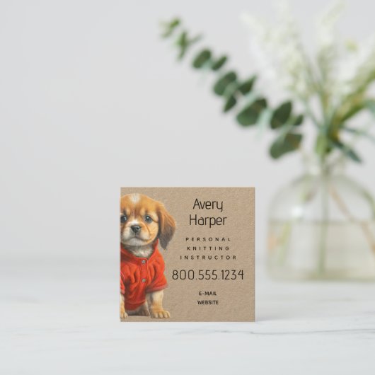 Knitting Instructor Puppy in Sweater Business Card スクエア名刺 (スタンド正面)
