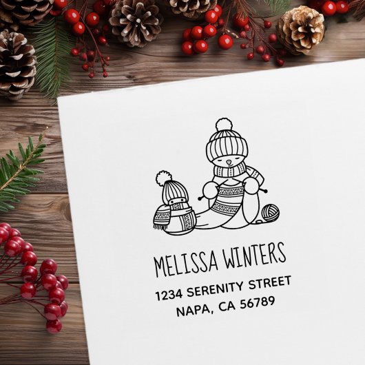 Knitting Snowman in Knitted Hat and Scarf Address ラバースタンプ