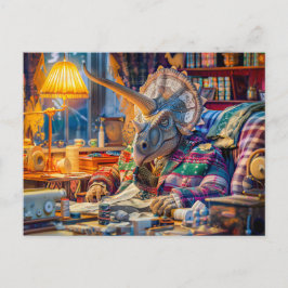 Knitting Triceratops in a Cozy Armchair シーズンポストカード
