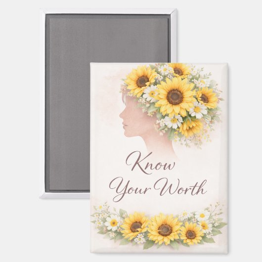 Know Your Worth Sunflower Affirmation Magnet マグネット (正面/裏面)