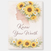 Know Your Worth Sunflower Affirmation Magnet マグネット (正面)