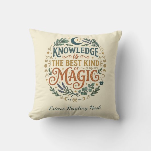 Knowledge is Magic Witchy Academic Book Botanical クッション (正面)