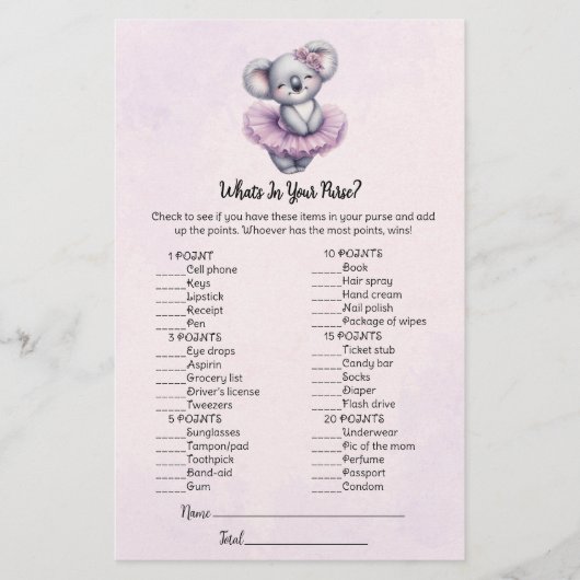 Koala財布の赤ちゃんシャワーのゲームカードの中に何がある 便箋 (正面)