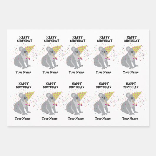 Koala – 動物と男の子のパーティーの名前 ラッピングペーパーシート (正面2)