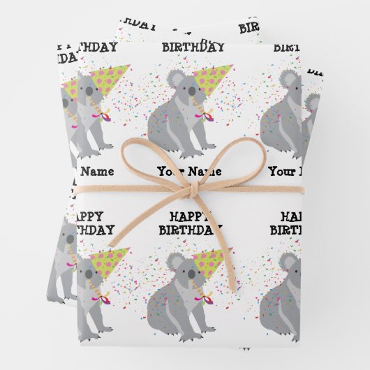 Koala – 動物と男の子のパーティーの名前 ラッピングペーパーシート (インサイチュ)