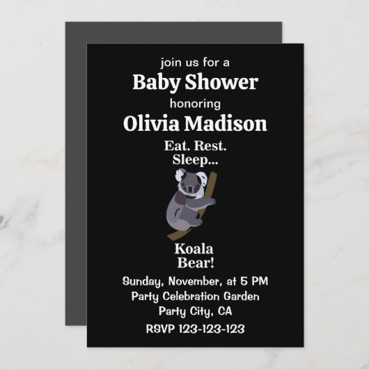 Koala Bear Funny Baby Shower 招待状 (正面/裏面)