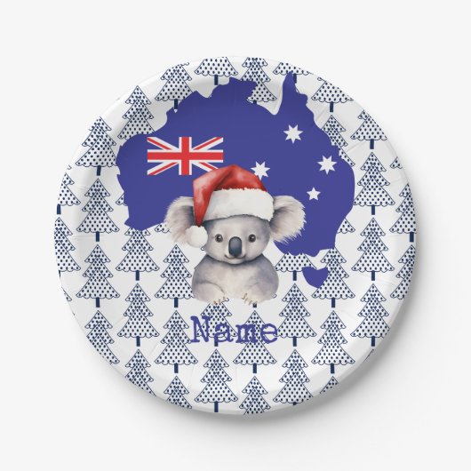 Koala Bear on Australia Flag and Christmas Tree ペーパープレート (正面)