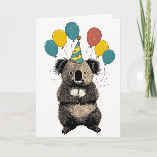 Koala Birthday Card – Cute Party Animal カード (正面)
