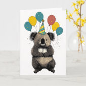Koala Birthday Card – Cute Party Animal カード (黄色い花)