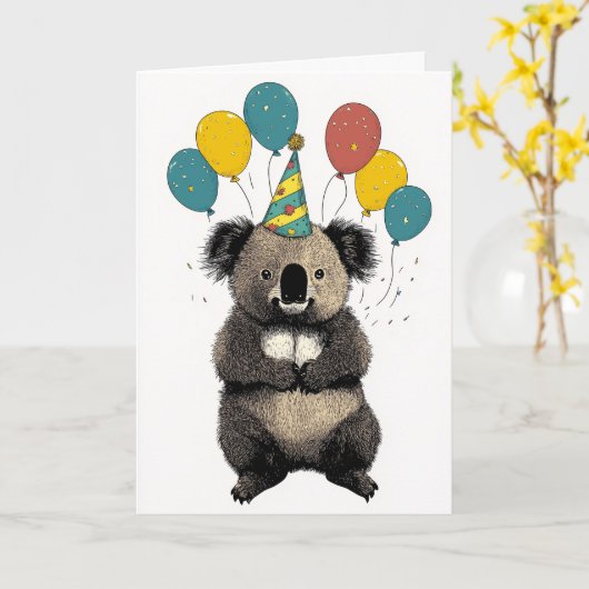 Koala Birthday Card – Cute Party Animal カード (黄色い花)