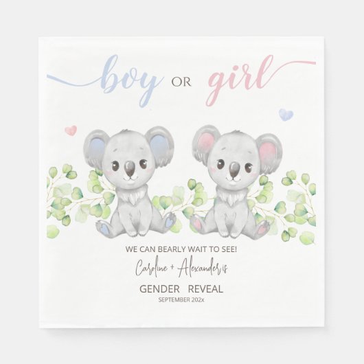 Koala Gender Reveal Partyのペーパーナプキン。 スタンダードランチョンナプキン (正面)