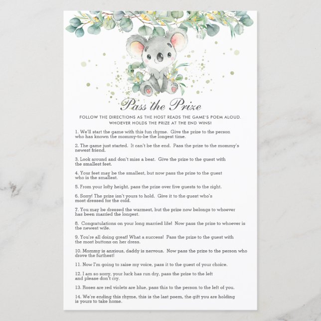 Koala Greenery Baby Shower Pass the Prize  (正面)