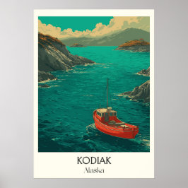 Kodiak Alaska Coastal Town Red Boat ポスター