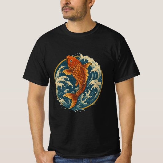 Koi Climbing the Waterfall – Japanese Art Circle D Tシャツ (正面)