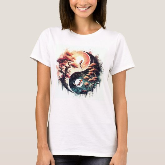 Koi Fish and Cherry Blossom Yin Yang Tシャツ (正面)
