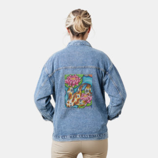Koi Fish and Lotus Print Blue Denim Jacket デニムジャケット