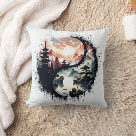 Koi Fish and Temple Yin Yang クッション (ブランケット)