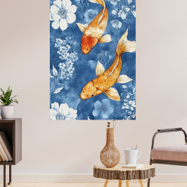  koi fish and the deep indigo blue of the floral  ポスター