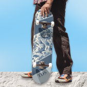 Koi Fish and Water Lily Blue Chinoiserie Monogram スケートボード