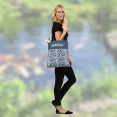 Koi Fish and Water Lily Blue Chinoiserie Monogram トートバッグ