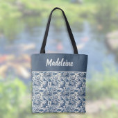 Koi Fish and Water Lily Blue Chinoiserie Monogram トートバッグ