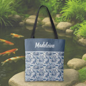 Koi Fish and Water Lily Blue Chinoiserie Monogram トートバッグ