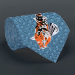 Koi Fish Illustrations on Blue Wave Background ネクタイ<br><div class="desc">This necktie features realistic style illustrations of koi fish in black,  orange and white set against a blue geometric background that has the look of ocean waves.</div>