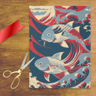 Koi Fish in Great Wave Style with Red Navy Blue 薄葉紙