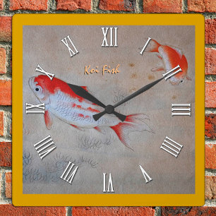 Koi Fish master Art, Antique Watercolour China スクエア壁時計
