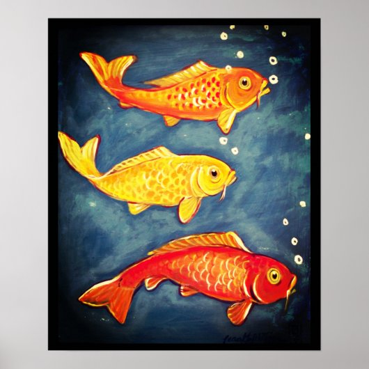 Koi Fish Orange Yellow Blue Goldfish Art Poster ポスター (正面)