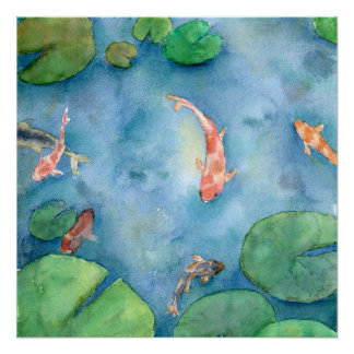 Koi Fish Pond watercolor ポスター