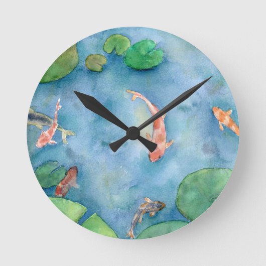 Koi Fish Pond watercolor ラウンド壁時計 (正面)