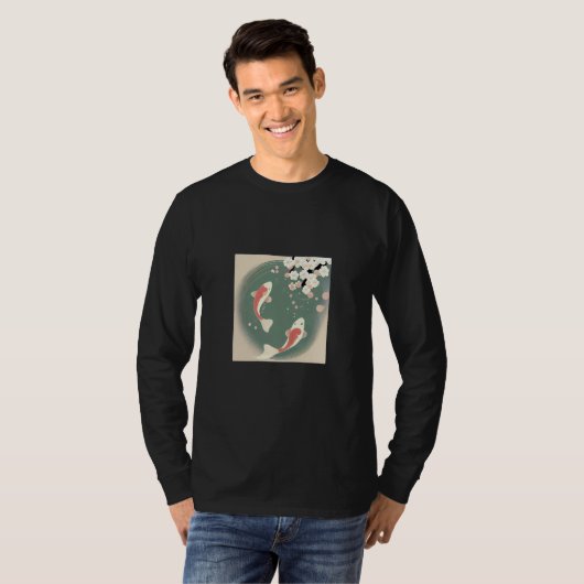 Koi fish swimming in pond with cherry blossom flow tシャツ (正面フル)
