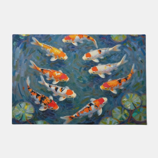 Koi Fish Water Lilies Impressionist Pond ドアマット (正面)