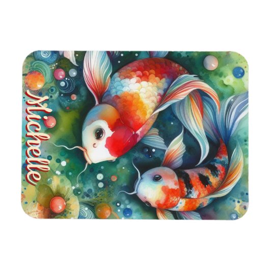 Koi Fish Whimsical Watercolor Personalized マグネット (横)
