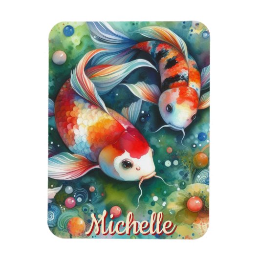Koi Fish Whimsical Watercolor Personalized マグネット (縦)