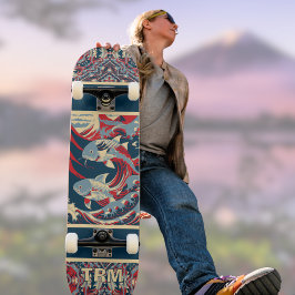 Koi Fish with Red Blue Crazy Pattern Monogram スケートボード